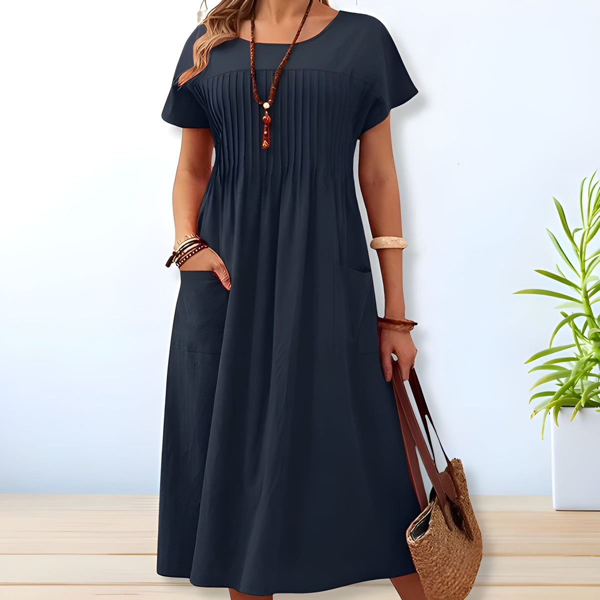 Round Neck Short Sleeve Pintuck Pocket Midi Dress