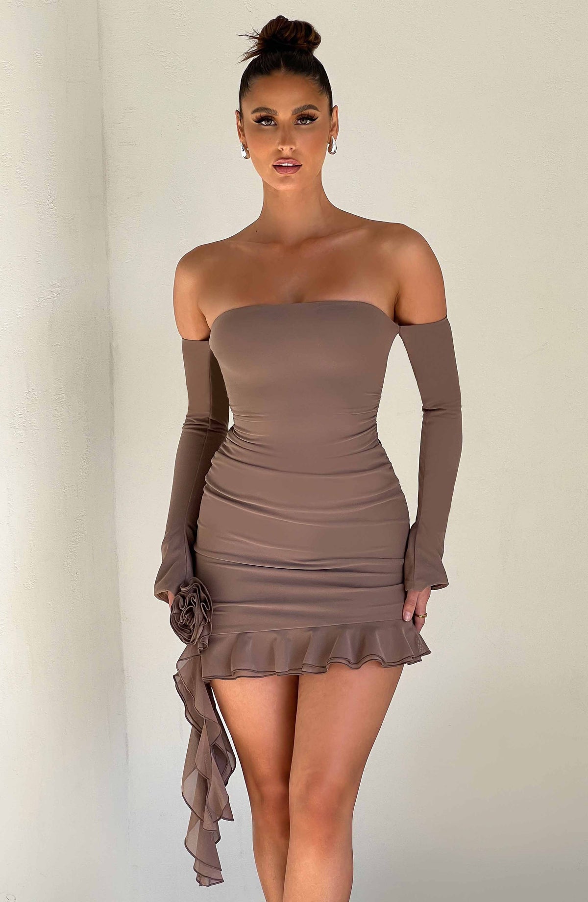 Off Shoulder Long Sleeve Rosette Choker Ruffle Hem Bodycon Mini Dress 2