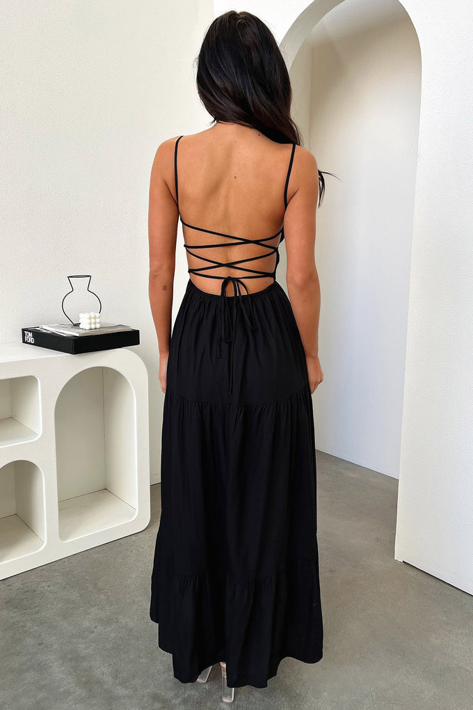 Spaghetti Strap Ruched Tie Front Bust Keyhole Tiered Maxi Dress