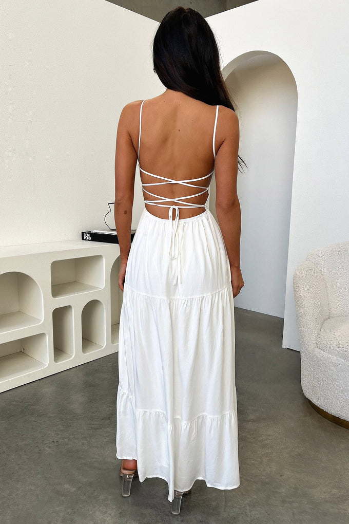 Spaghetti Strap Ruched Tie Front Bust Keyhole Tiered Maxi Dress