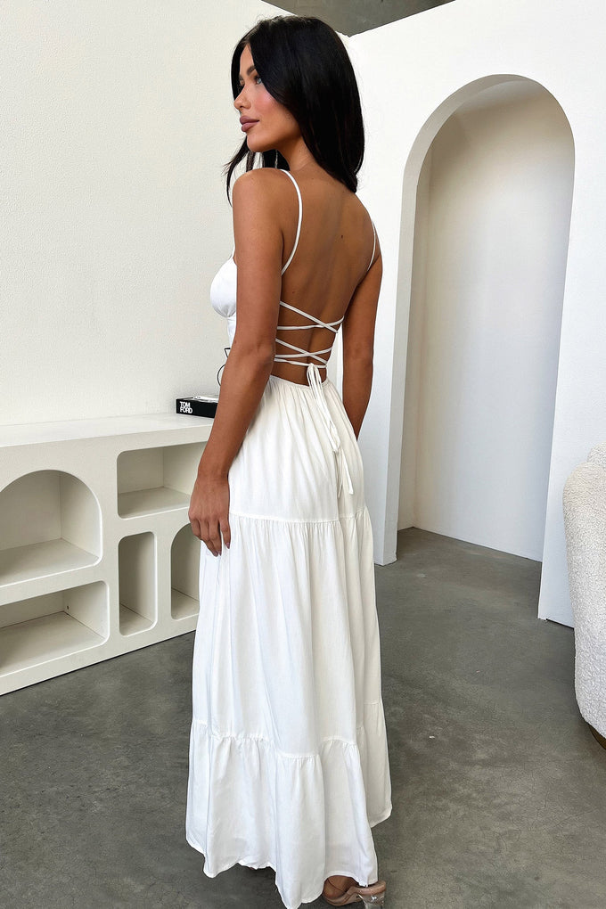 Spaghetti Strap Ruched Tie Front Bust Keyhole Tiered Maxi Dress