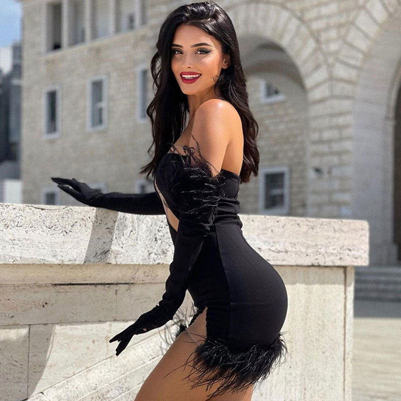 Strapless Plunge Cut Out Feather Trim Bodycon Mini Dress with Gloves 2
