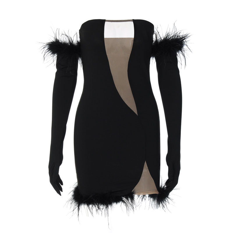 Strapless Plunge Cut Out Feather Trim Bodycon Mini Dress with Gloves 5