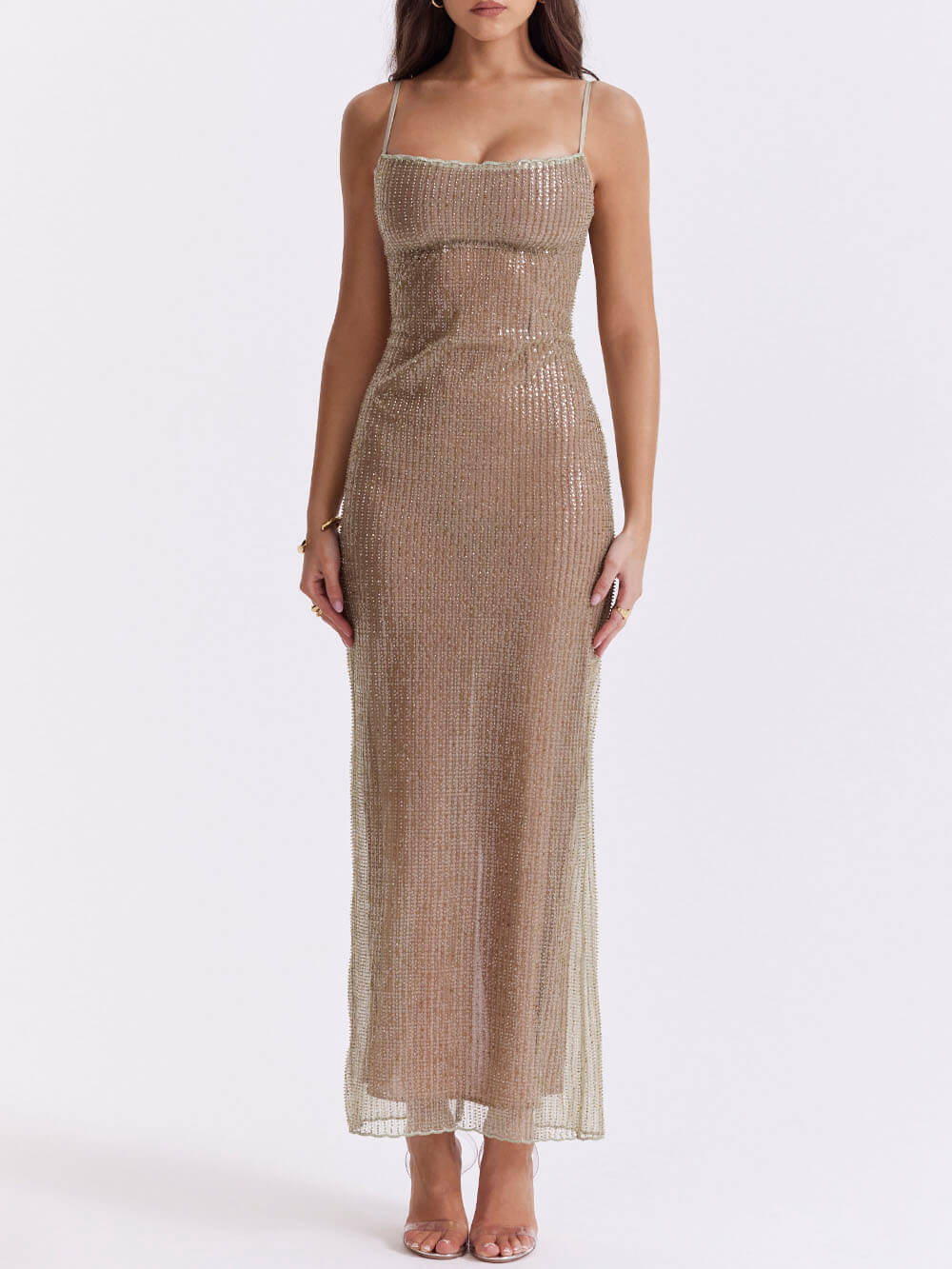 Beaded Mesh Square Neck Spaghetti Strap High Split Bodycon Maxi Gown