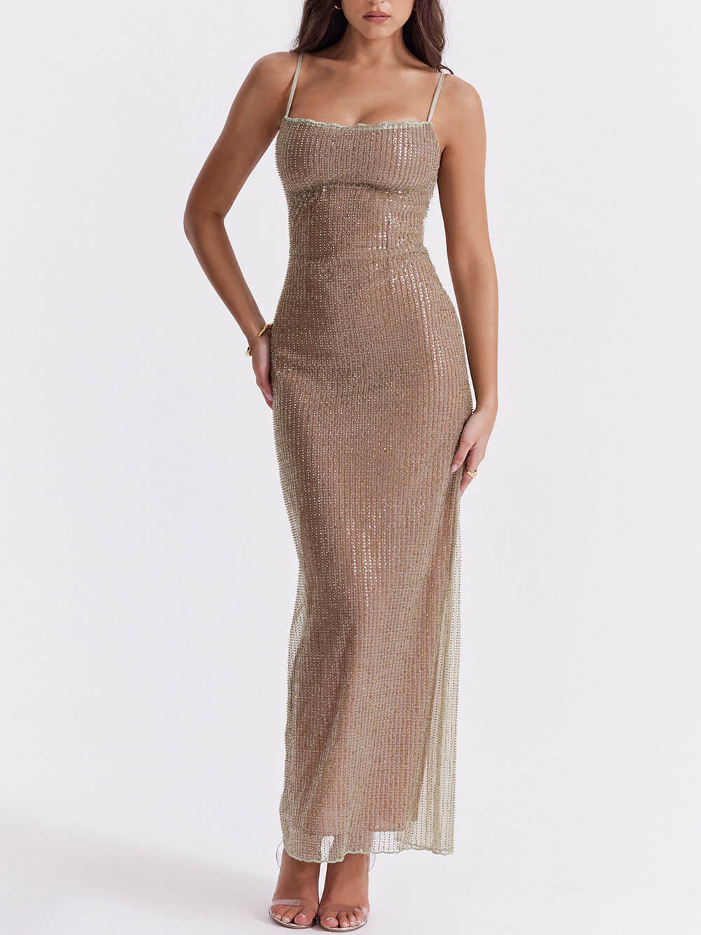Beaded Mesh Square Neck Spaghetti Strap High Split Bodycon Maxi Gown