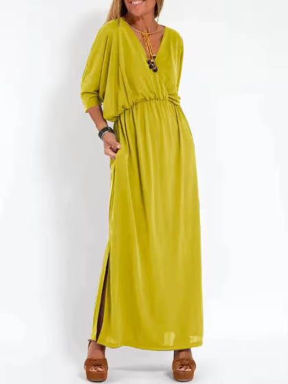 V-Neck Batwing Sleeve Elastic Waist Pocket Maxi Dress