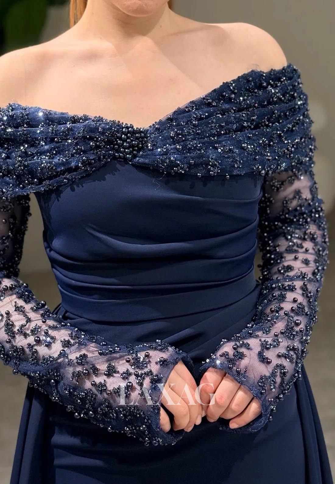 Sweetheart Long-Sleeves Beaded Formal Gowns Pleated Sweep Train Mermaid Evening Dress