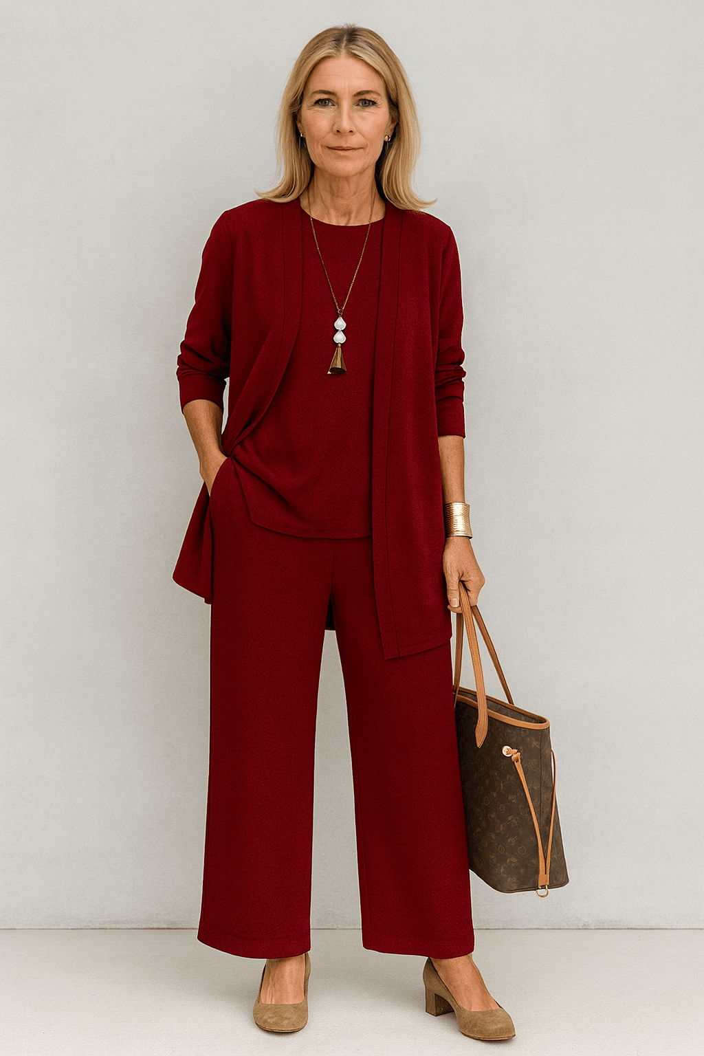 Longline Cardigan Top and Wide Leg Pants Three Piece Set