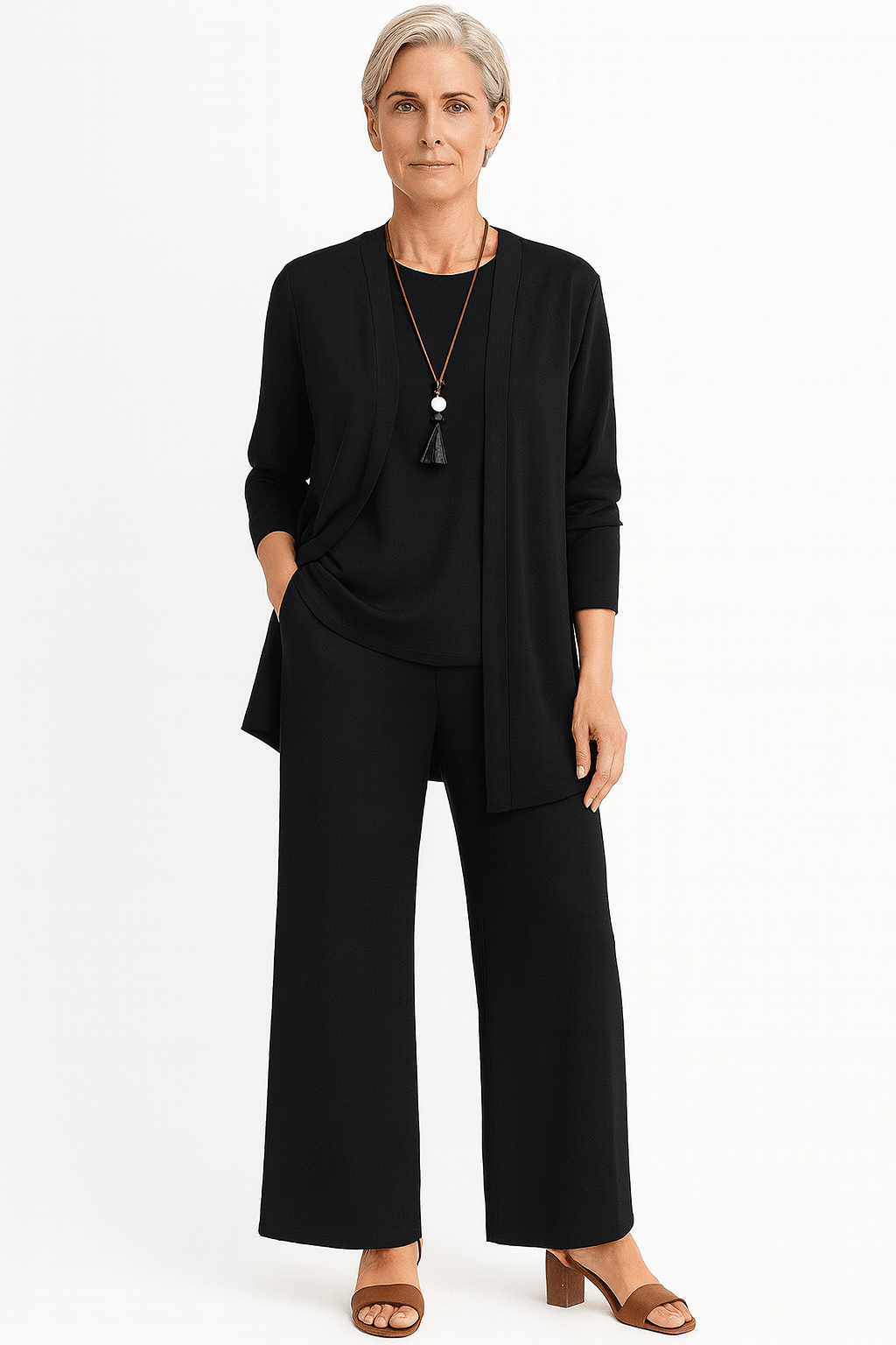 Longline Cardigan Top and Wide Leg Pants Three Piece Set