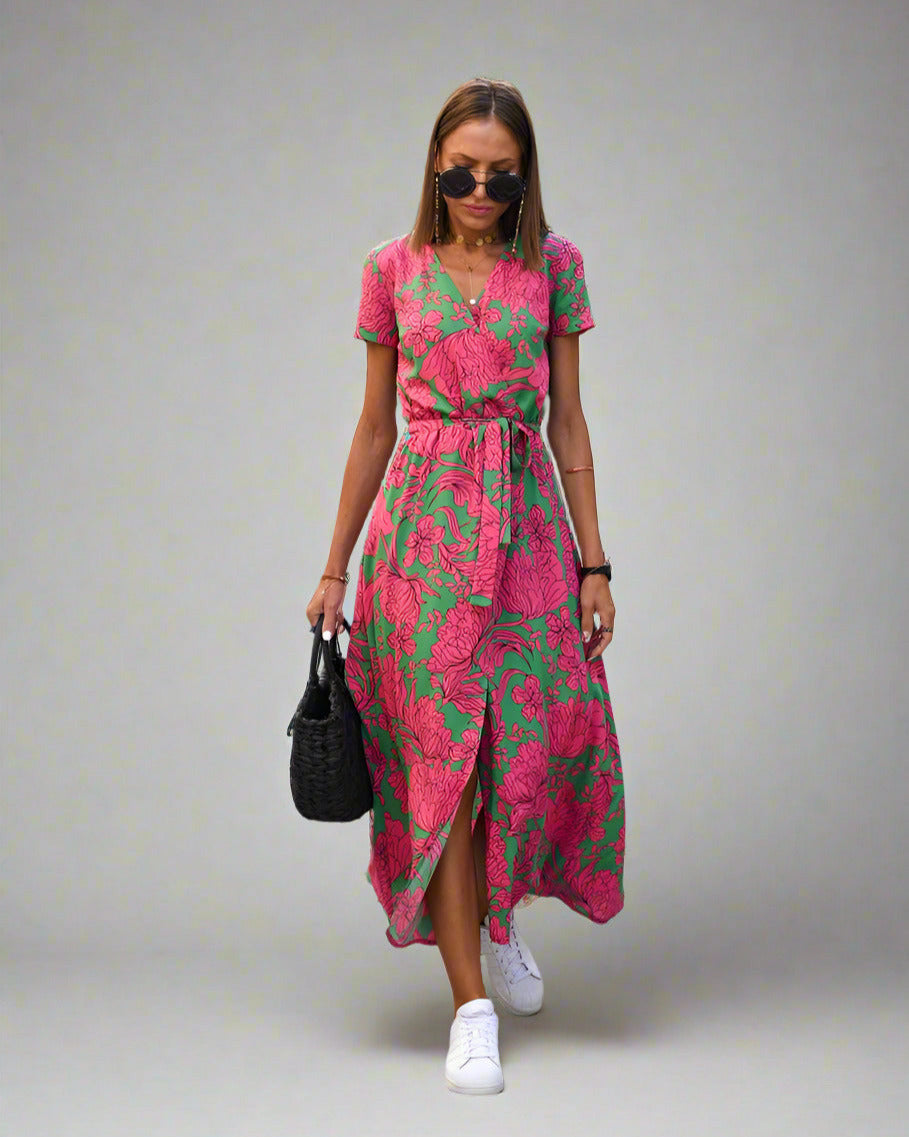 Wendy Elegant A-line Dress with V-neck and Floral Pattern for Women
