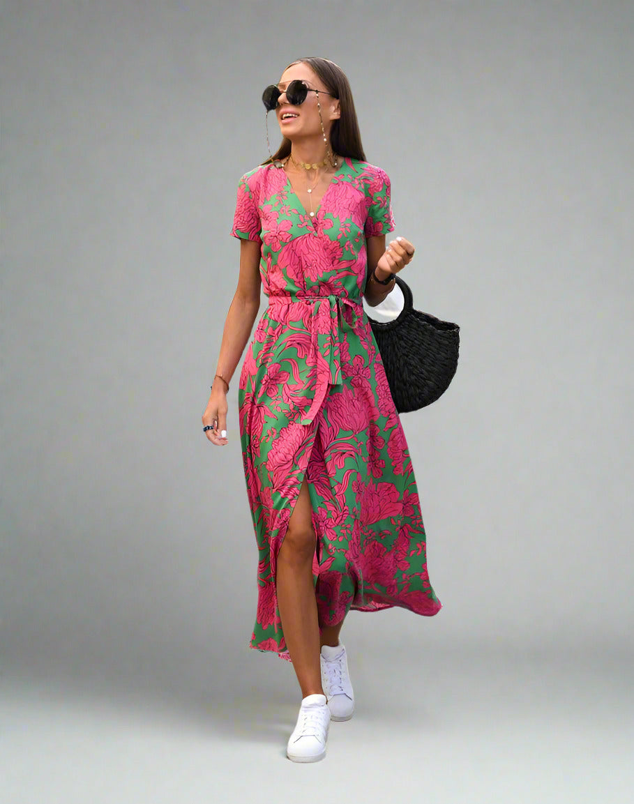 Wendy Elegant A-line Dress with V-neck and Floral Pattern for Women