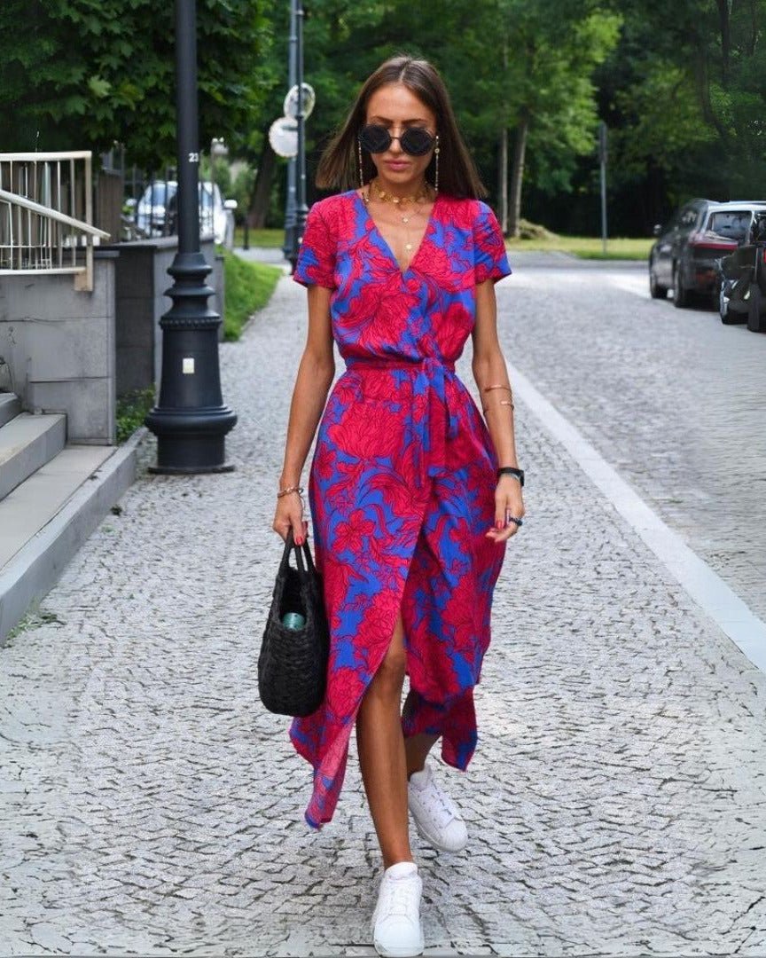 Wendy Elegant A-line Dress with V-neck and Floral Pattern for Women