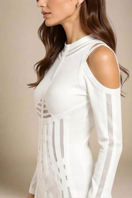 Amelia Long Sleeve Bandage Dress - White Pearl