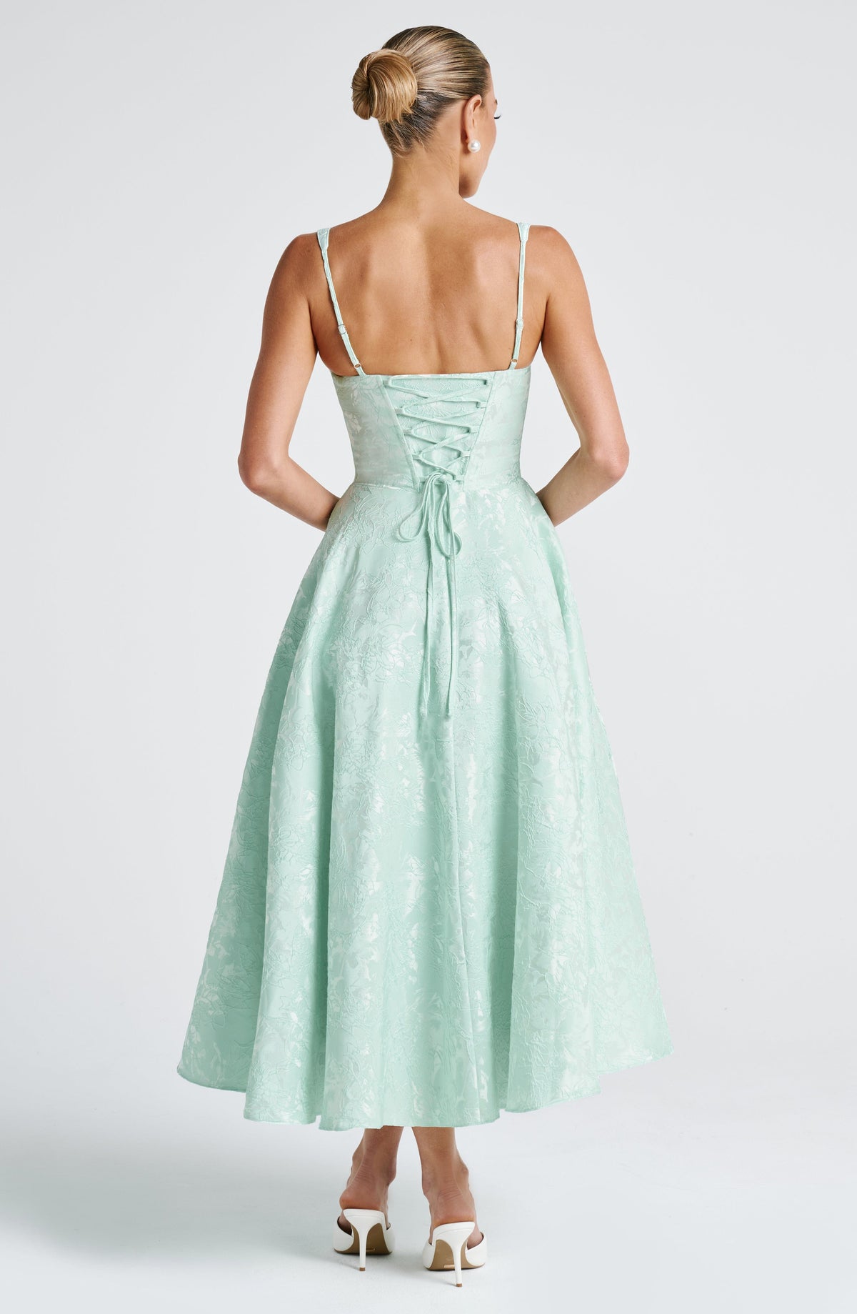 Floral Jacquard Sweetheart Neck Corset Bodice A-Line Midi Dress 7