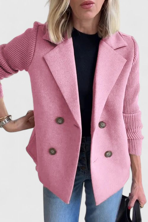 Notch Lapel Double Breasted Ribbed Knit Sleeve Blazer