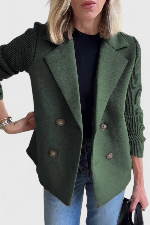 Notch Lapel Double Breasted Ribbed Knit Sleeve Blazer