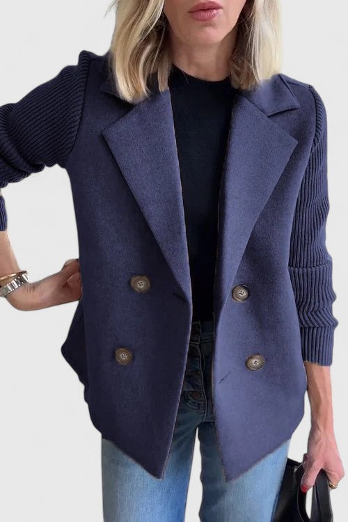 Notch Lapel Double Breasted Ribbed Knit Sleeve Blazer
