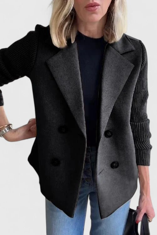 Notch Lapel Double Breasted Ribbed Knit Sleeve Blazer