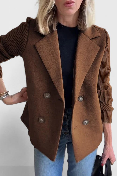 Notch Lapel Double Breasted Ribbed Knit Sleeve Blazer