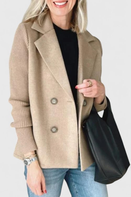 Notch Lapel Double Breasted Ribbed Knit Sleeve Blazer