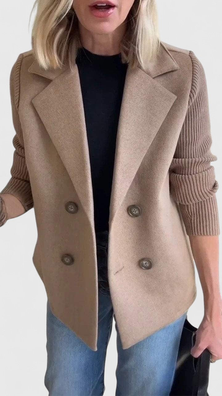 Notch Lapel Double Breasted Ribbed Knit Sleeve Blazer