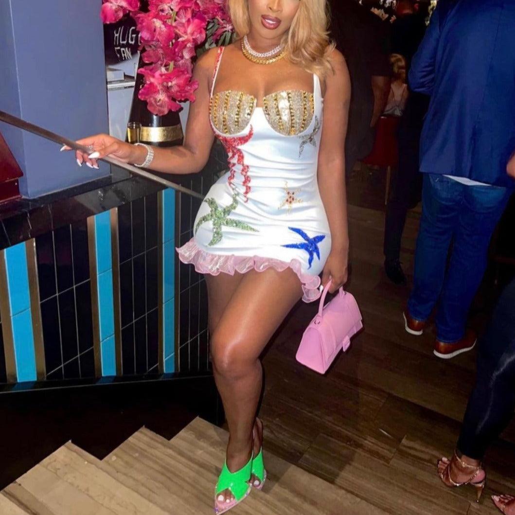 Sequin Starfish Bustier Ruffle Hem Bodycon Mini Dress