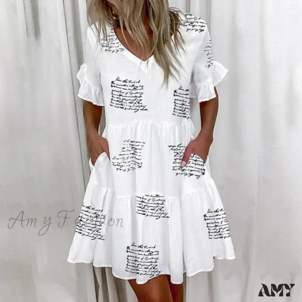 Script Print V-Neck Short Sleeve Tiered Mini Dress 7