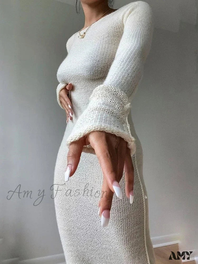 Round Neck Long Sleeve Knit Bodycon Maxi Dress