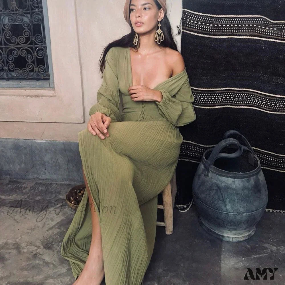 Deep V-Neck Long Sleeve Button Front High Split Maxi Dress 5