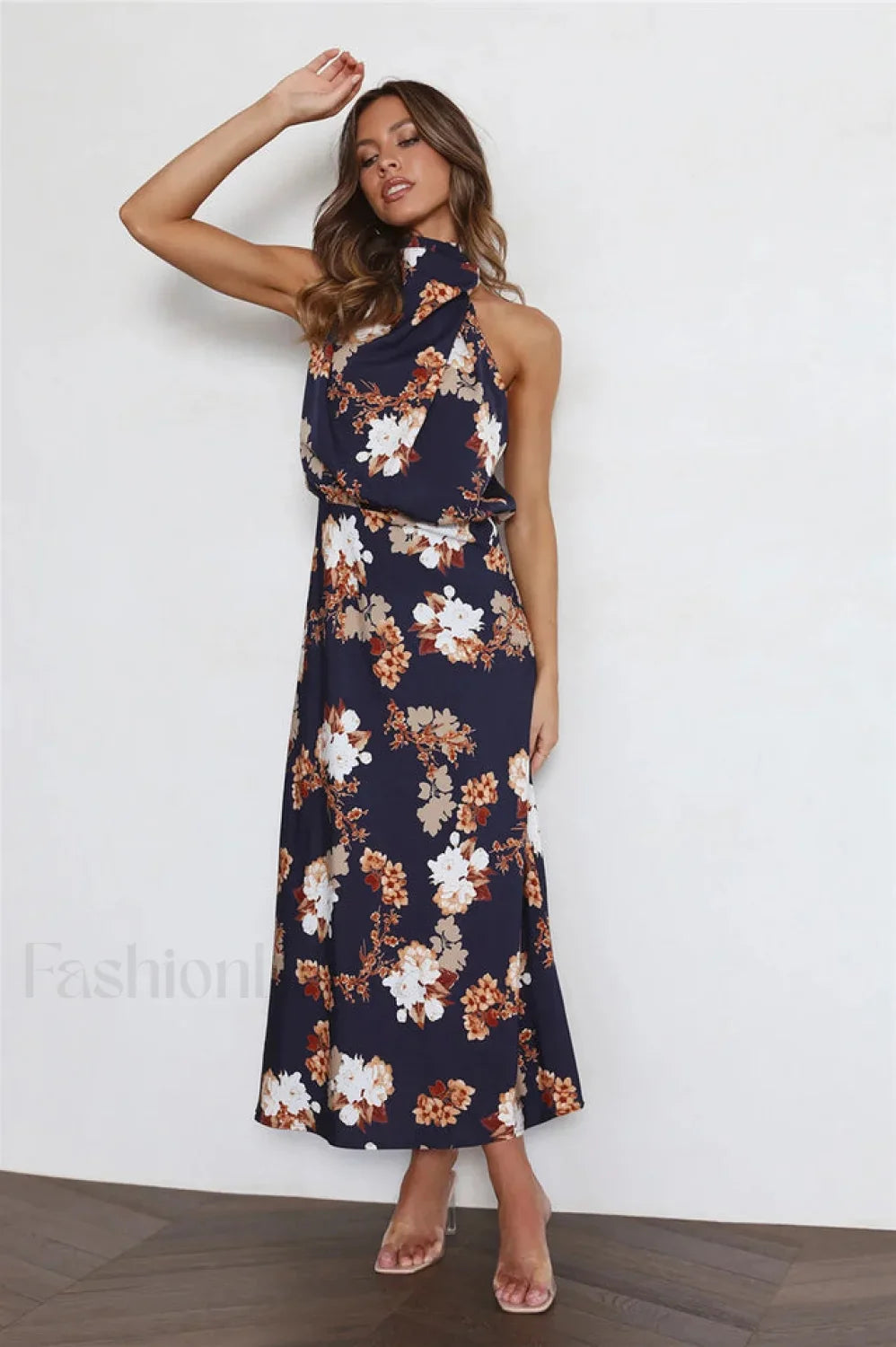 Anabelle Halter Stylish Neck Midi Dress S / Navy Floral