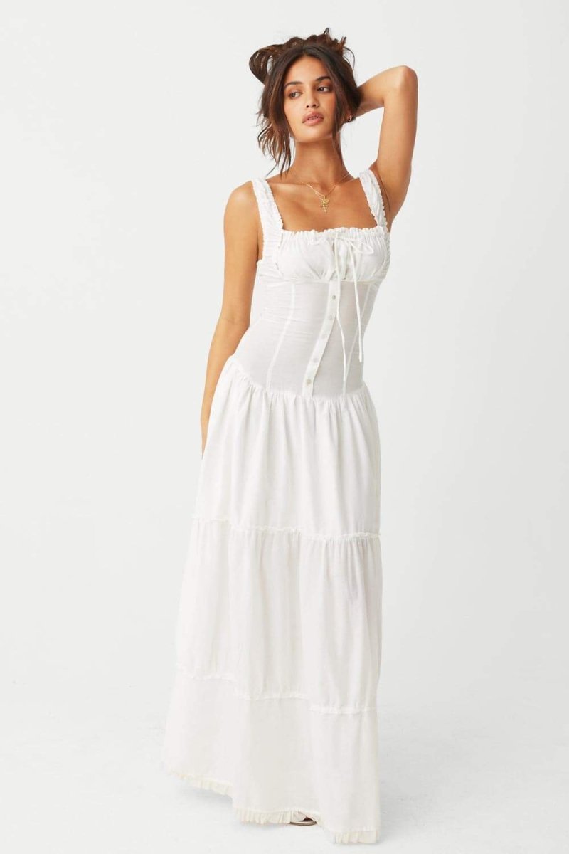 Square Neck Corset Button Front Tiered Maxi Dress 5