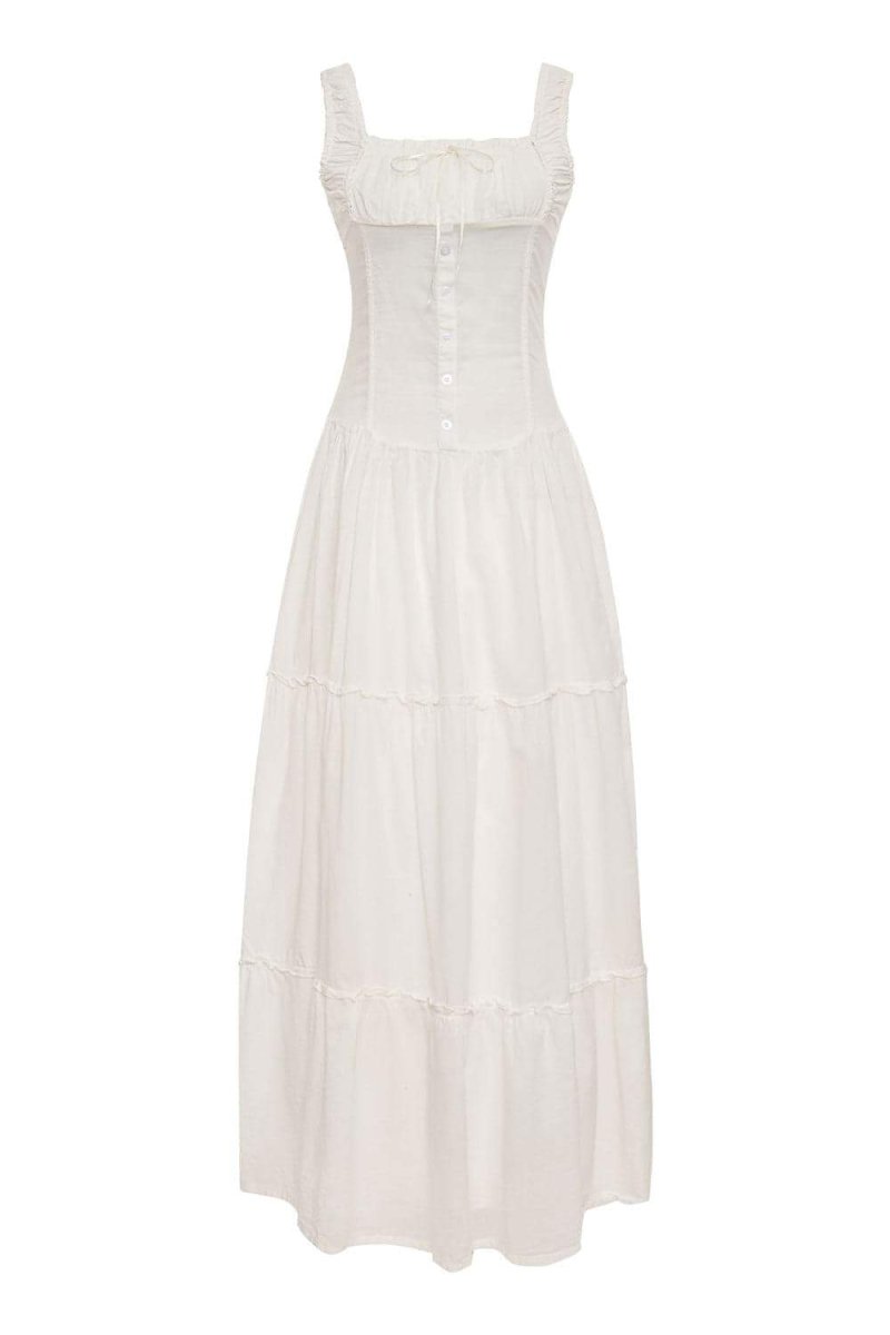 Square Neck Corset Button Front Tiered Maxi Dress 9