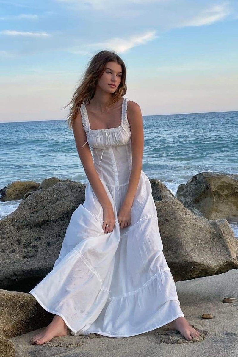 Square Neck Corset Button Front Tiered Maxi Dress 2