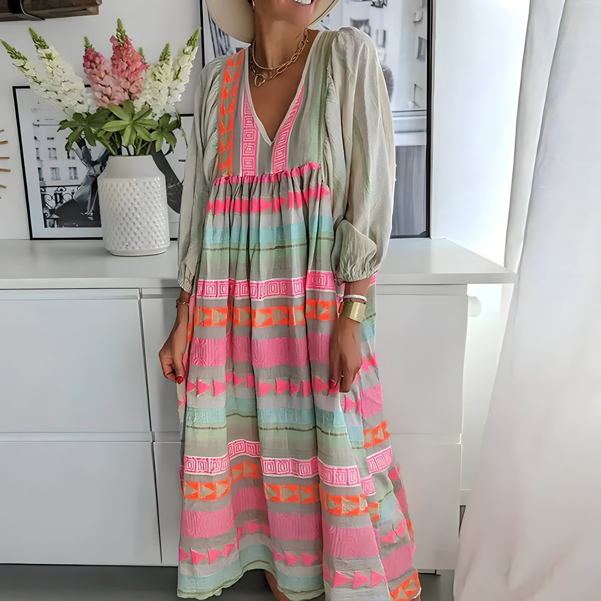 Deep V-Neck Puff Sleeve Embroidered Stripe Tiered Midi Dress