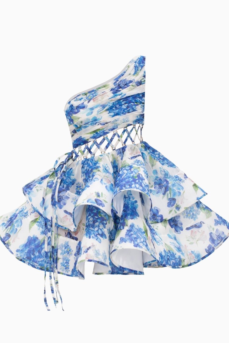 Floral One Shoulder Lace Up Tiered Ruffle Mini Dress 5