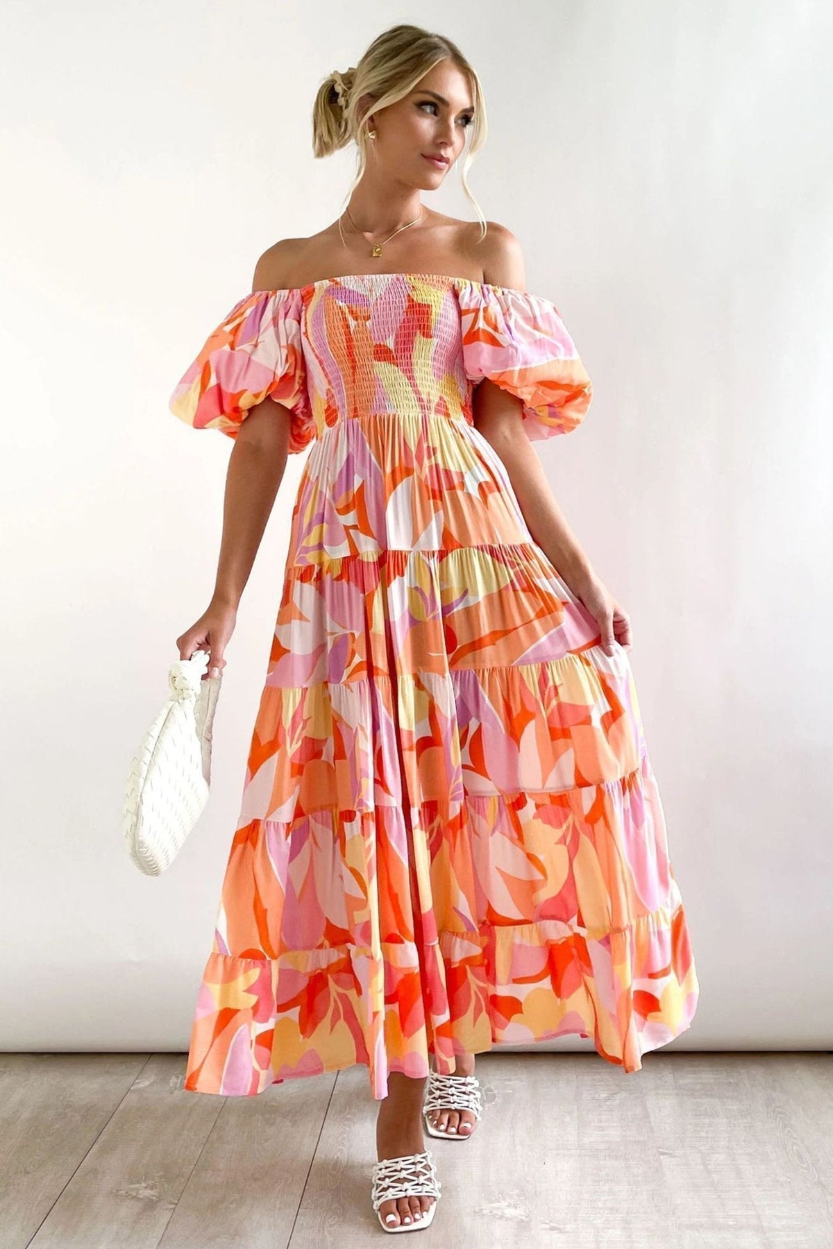 Abstract Print Off Shoulder Puff Sleeve Smocked Tiered Maxi Dress 4