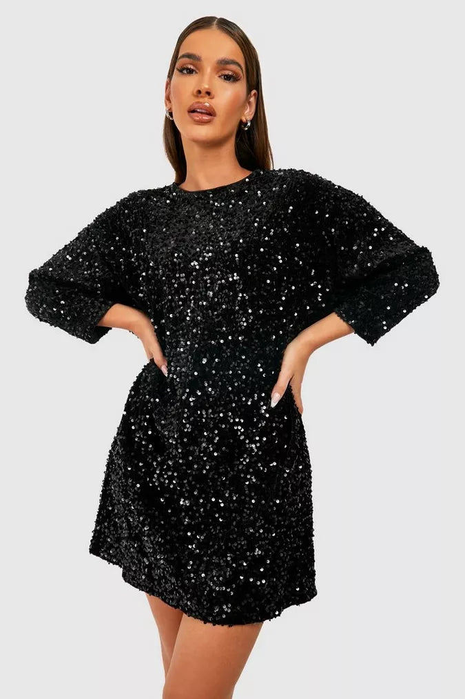 Sequin Long Sleeve Bow Back Backless Mini Party Dress