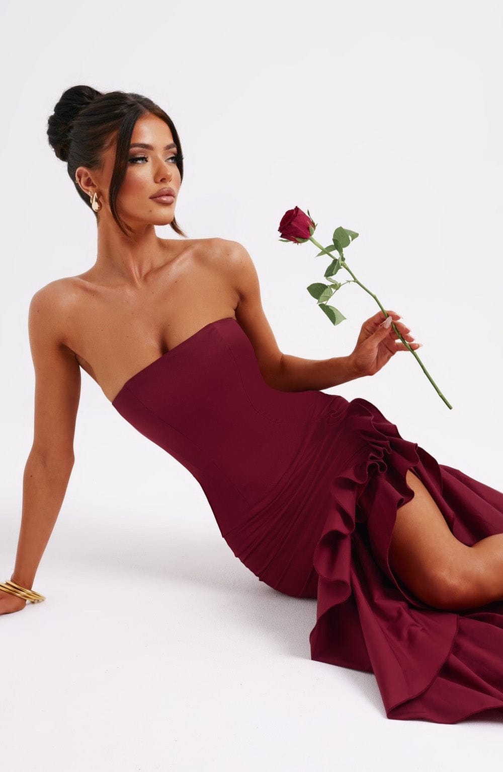 Strapless Ruffle High Split Mermaid Maxi Dress 9