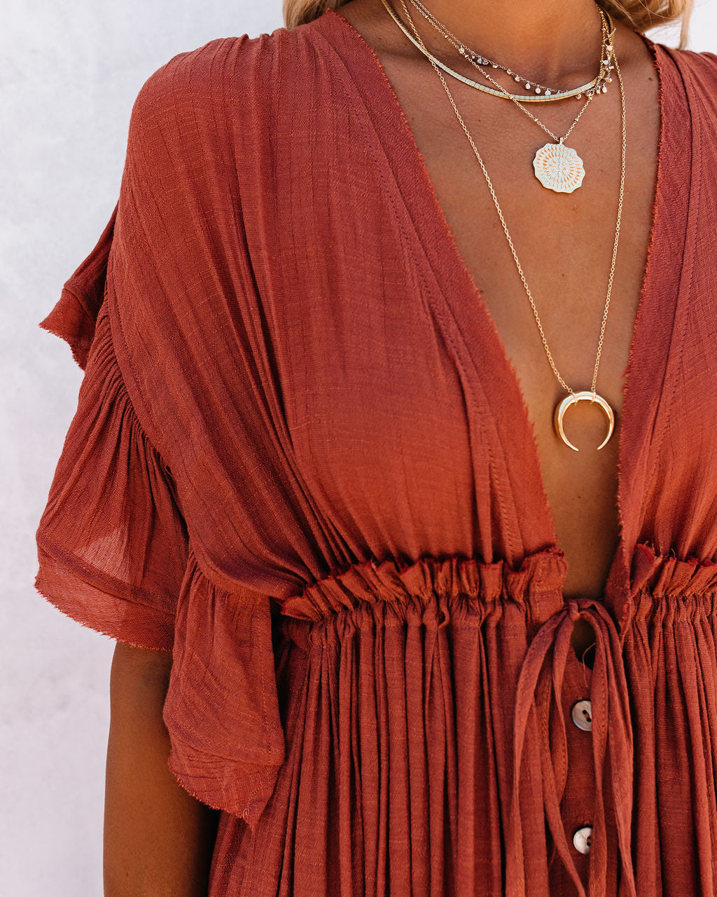 Anika Pocketed Button Down Ruffle Maxi Dress Terracotta