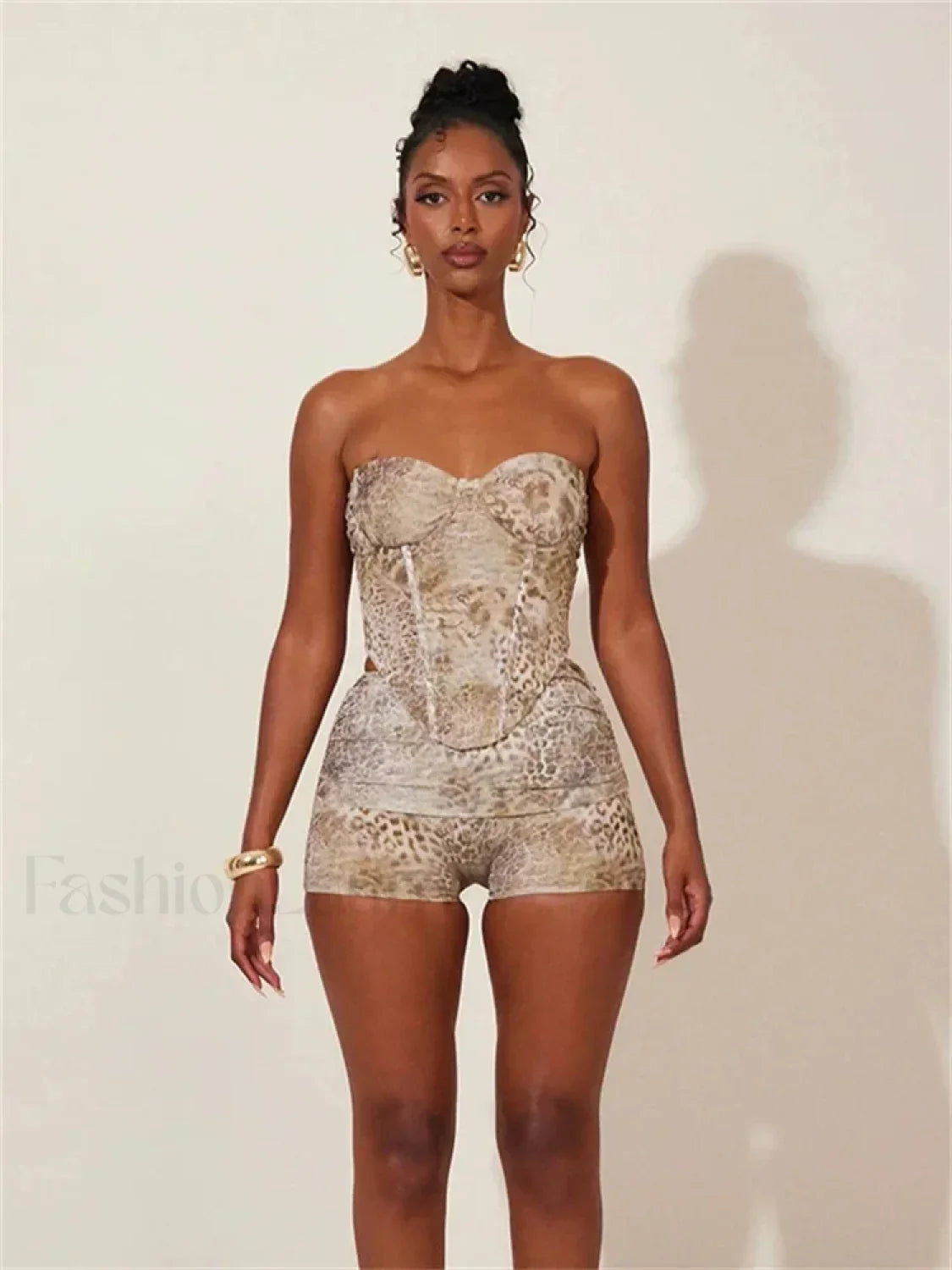 Animal Print Strapless Shorts Two Piece Set Khaki / S