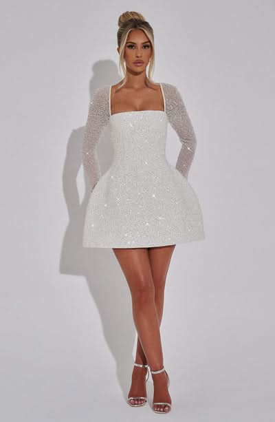 Sequin Square Neck Long Sleeve Fit and Flare Mini Dress