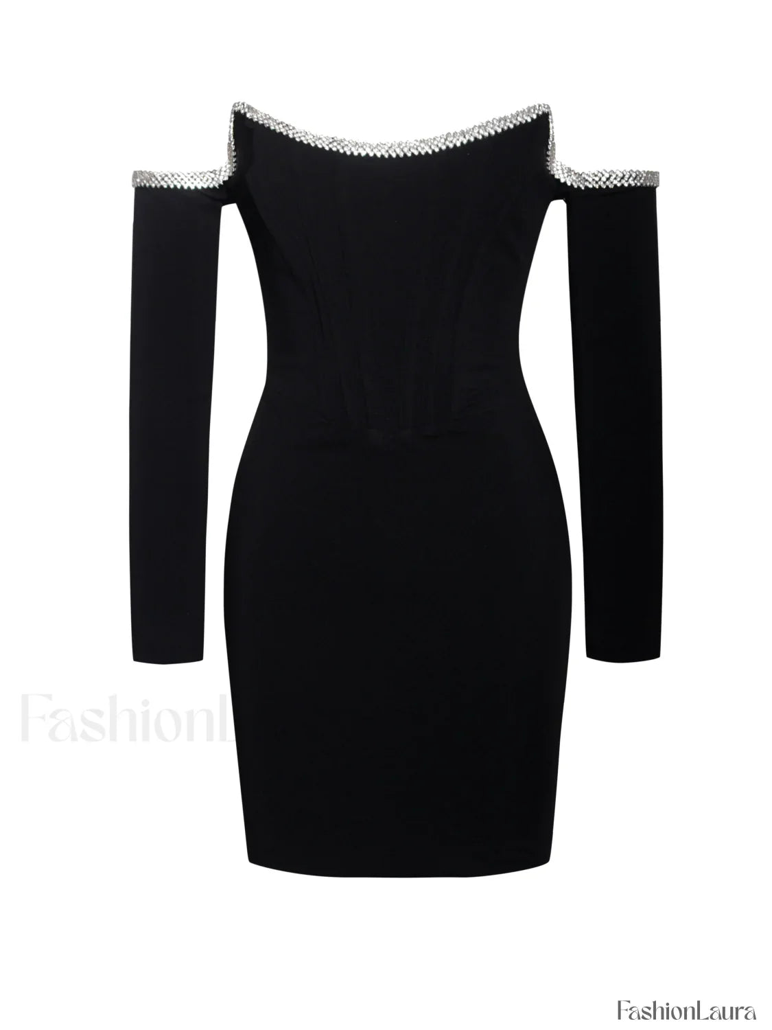 Annika Black Off Shoulder Long Trendy Sleeve Corset Dress With Crystal Trim