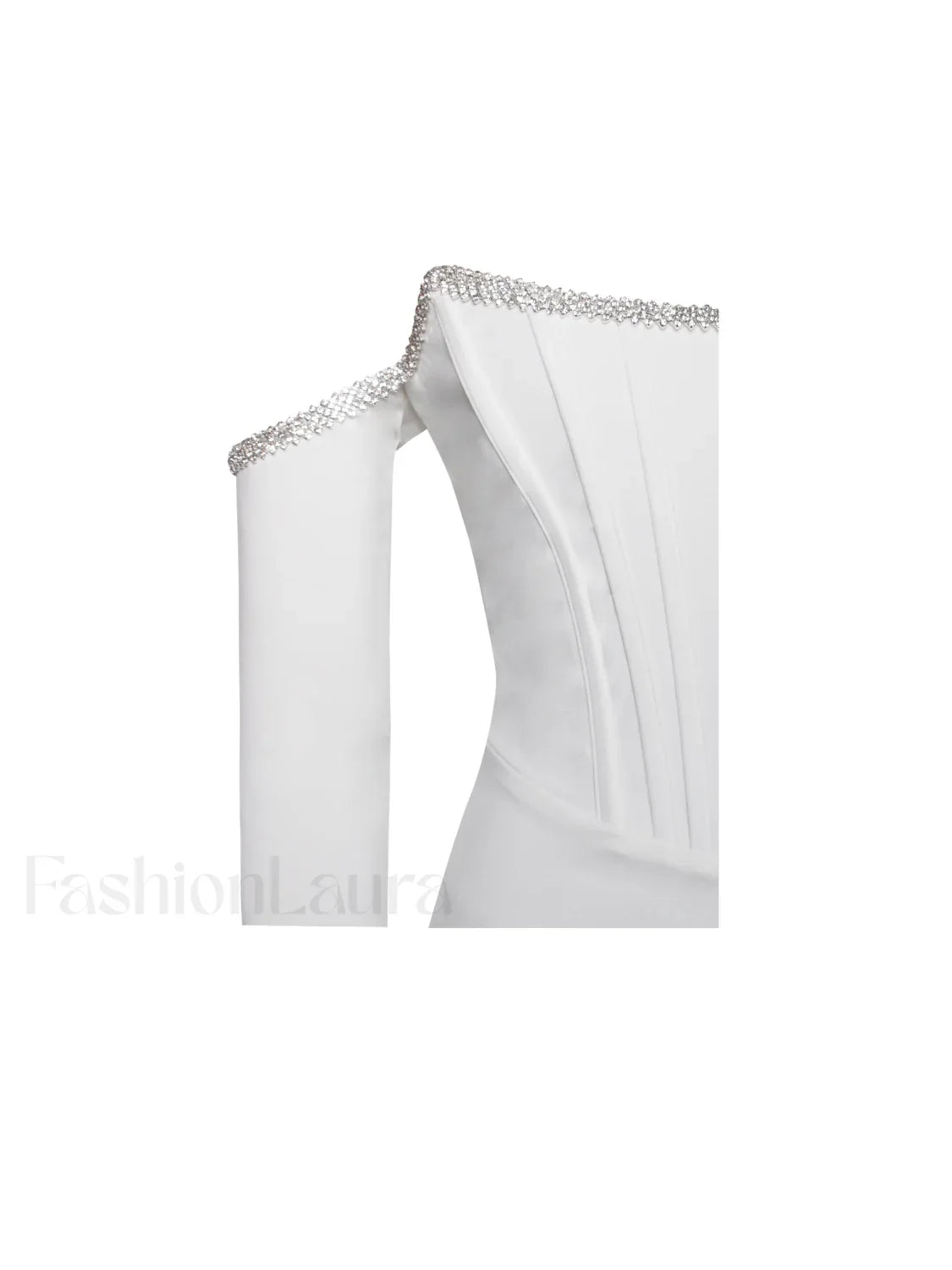 Annika White Off Shoulder Long Trendy Sleeve Corset Dress With Crystal Trim
