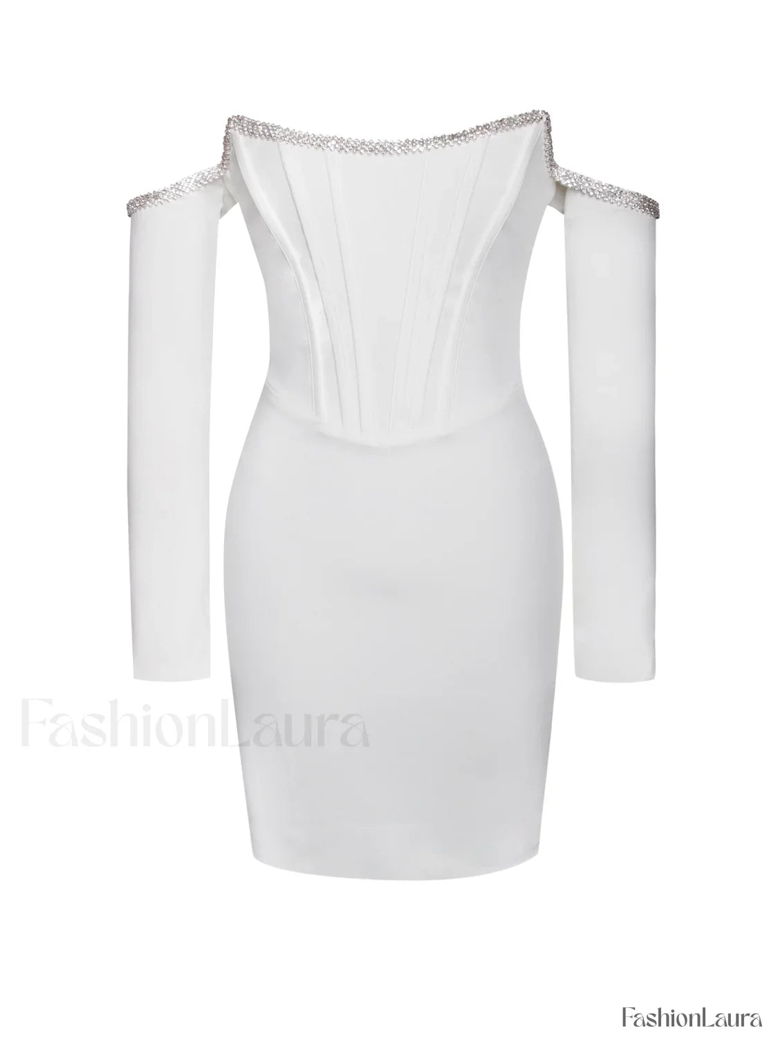 Annika White Off Shoulder Long Trendy Sleeve Corset Dress With Crystal Trim