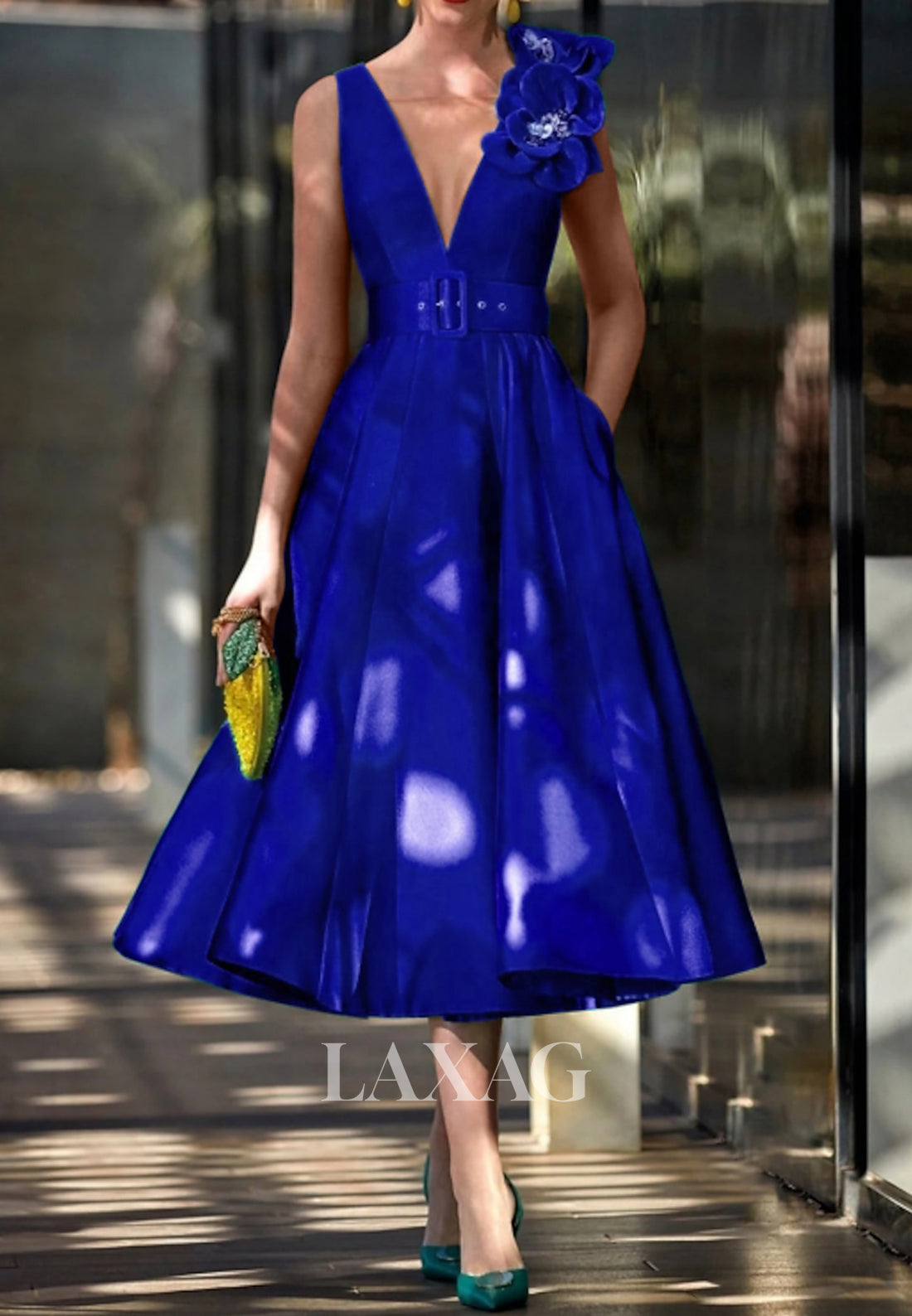 Straps Deep V-Neck Sleeveless Formal Gowns Floral Embossed Pleated Midi A-Line Wedding Guest Dress