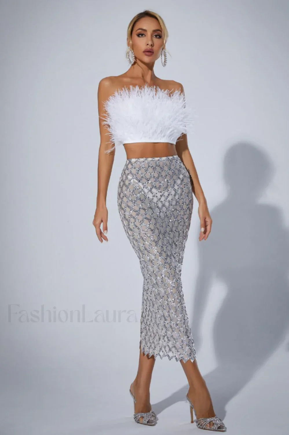 Ansley Strapless Feather Charming Mesh Skirt Set M / White