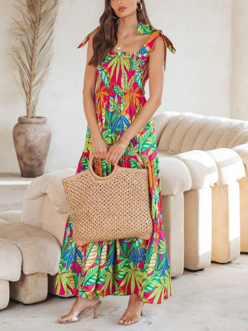 Smocked Square Neck Tie Strap Tiered Floral Maxi Summer Dress