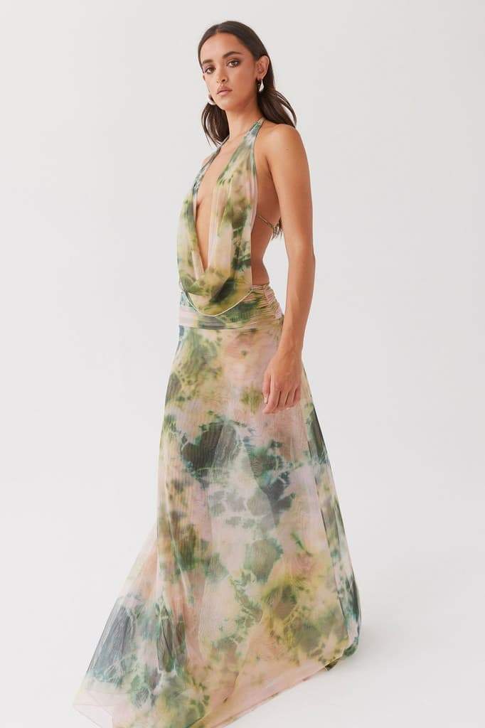 Tie Dye Halter Neck Deep V-Neck Backless Maxi Dress 5