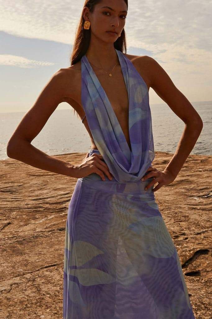 Tie Dye Halter Neck Deep V-Neck Backless Maxi Dress 11