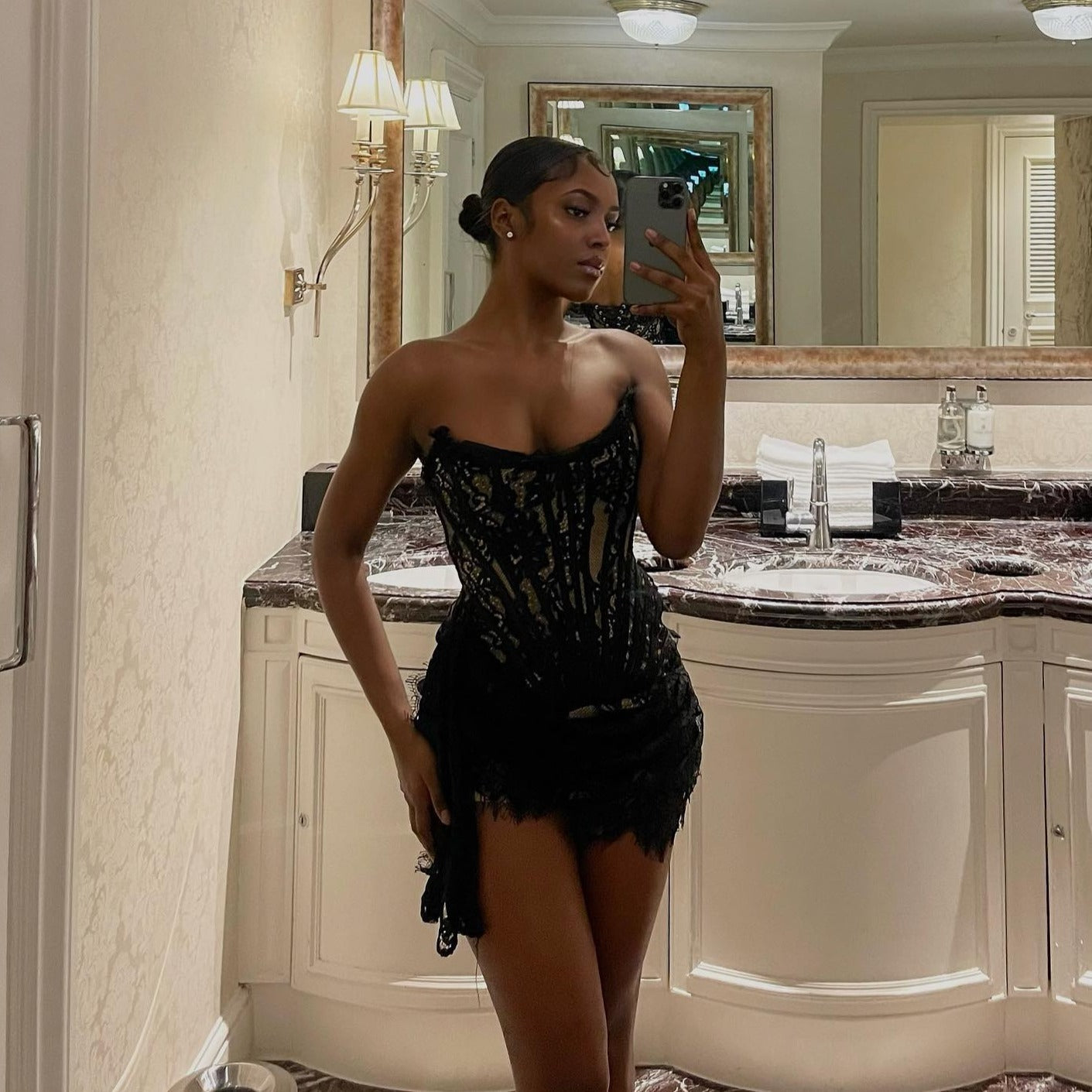 Lace Strapless Corset Draped Mini Dress
